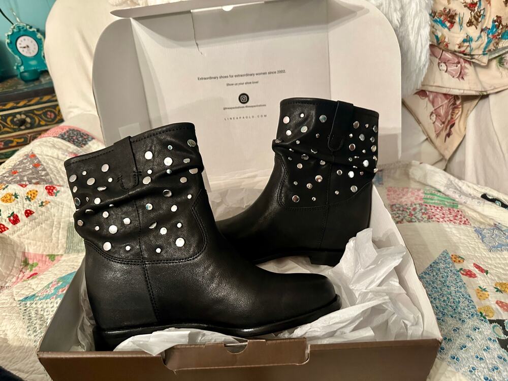 NEW LINEA PAOLO STUDDED SLOUCHY BOOTIES HIDDEN WEDGE HEEL 8